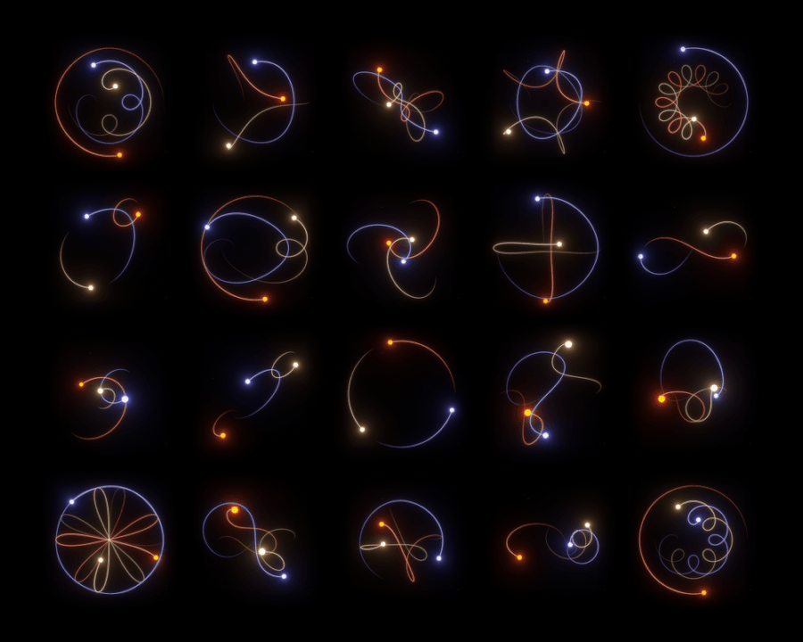 Click here to see some exact solutions of the three body problem (By Perosello - Uploaded by Author, CC BY-SA 4.0, https://commons.wikimedia.org/w/index.php?curid=133294338).