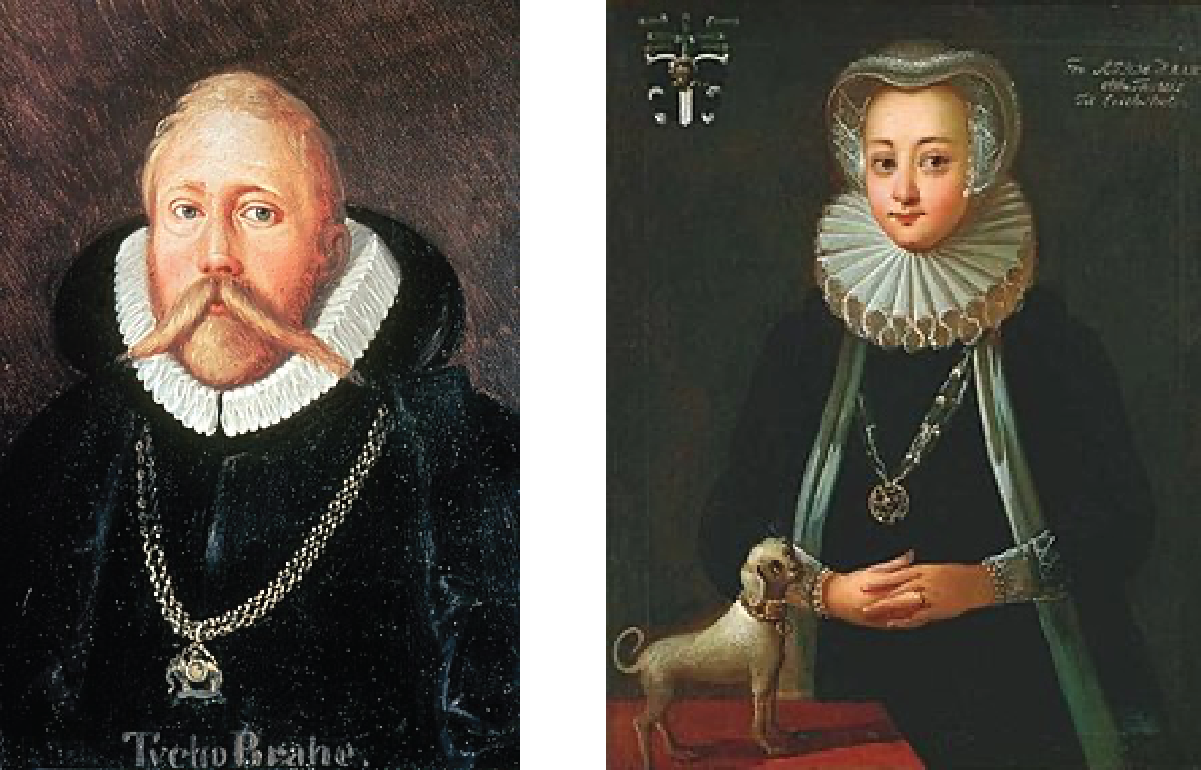 Painted portraits of Tycho and Sophia Brahe. Both are wearing black gowns and a traditional ruff (ruffled collar) around their necks. Tycho is painted with a unique moustache. Sophia is painted with a small dogs alongside her.  