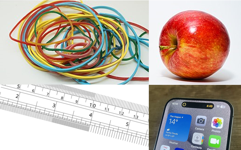 From Wikimedia Commons: bands, CC-SA 4.0; apple, CC-BY 2.0, ; phone, PD; ruler, CC-BY 4.0.