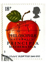 A post stamp with a drawing of a large red apple at the centre. On the top left corner, the price of 18p is printed. In the top right corner, a silhouette of Sir Isaac Newton is drawn.  