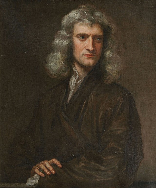 A painted portrait of Sir Isaac Newton, a man with grey curly hair wearing a brown robe. 