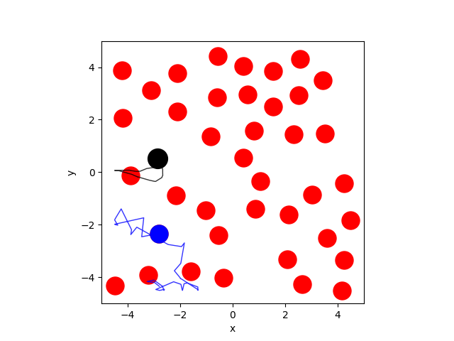 One of the simulations students have to develop where they compare Brownian motion of gas particles (red and blue) to a single heavier atom (black dot). The trajectories of a single light and the heavy particles are shown. Note that the full animation can be seen online only.
