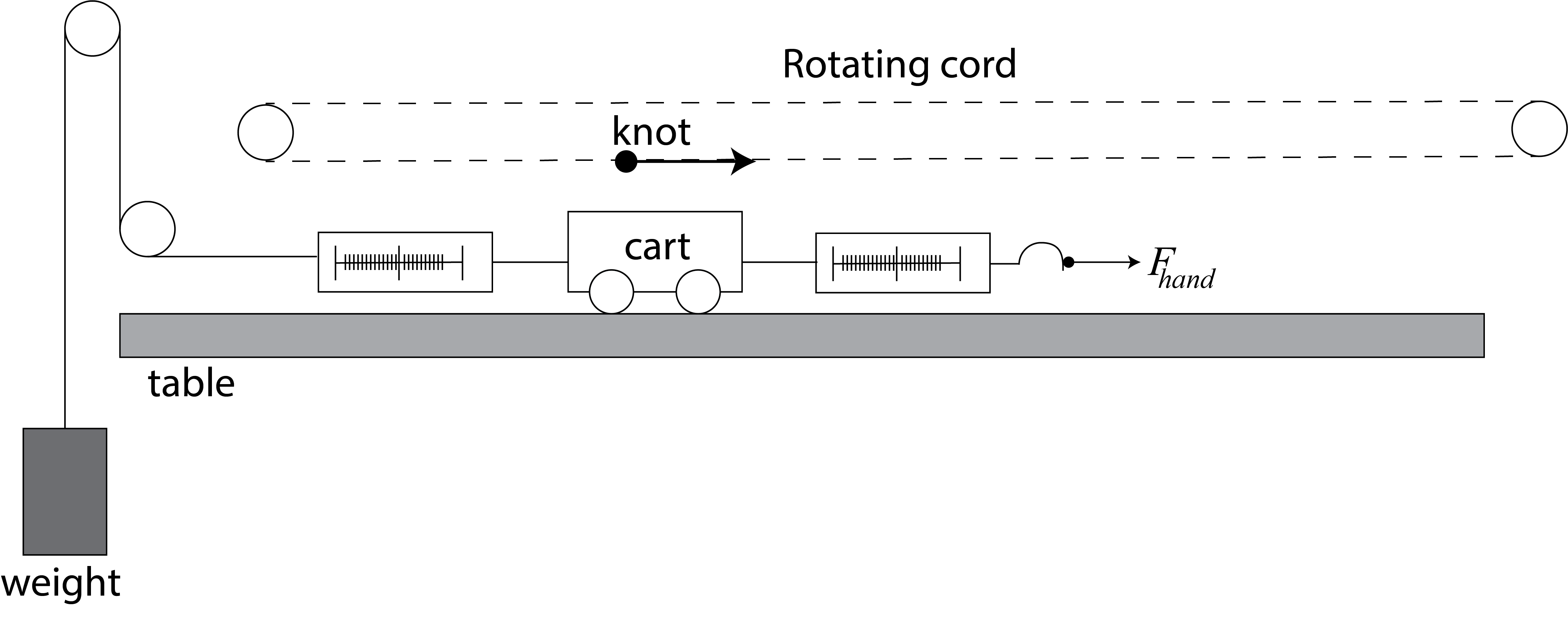 setup, left a weight with string attached through wheels connected to spring-balance to cart to spring balance