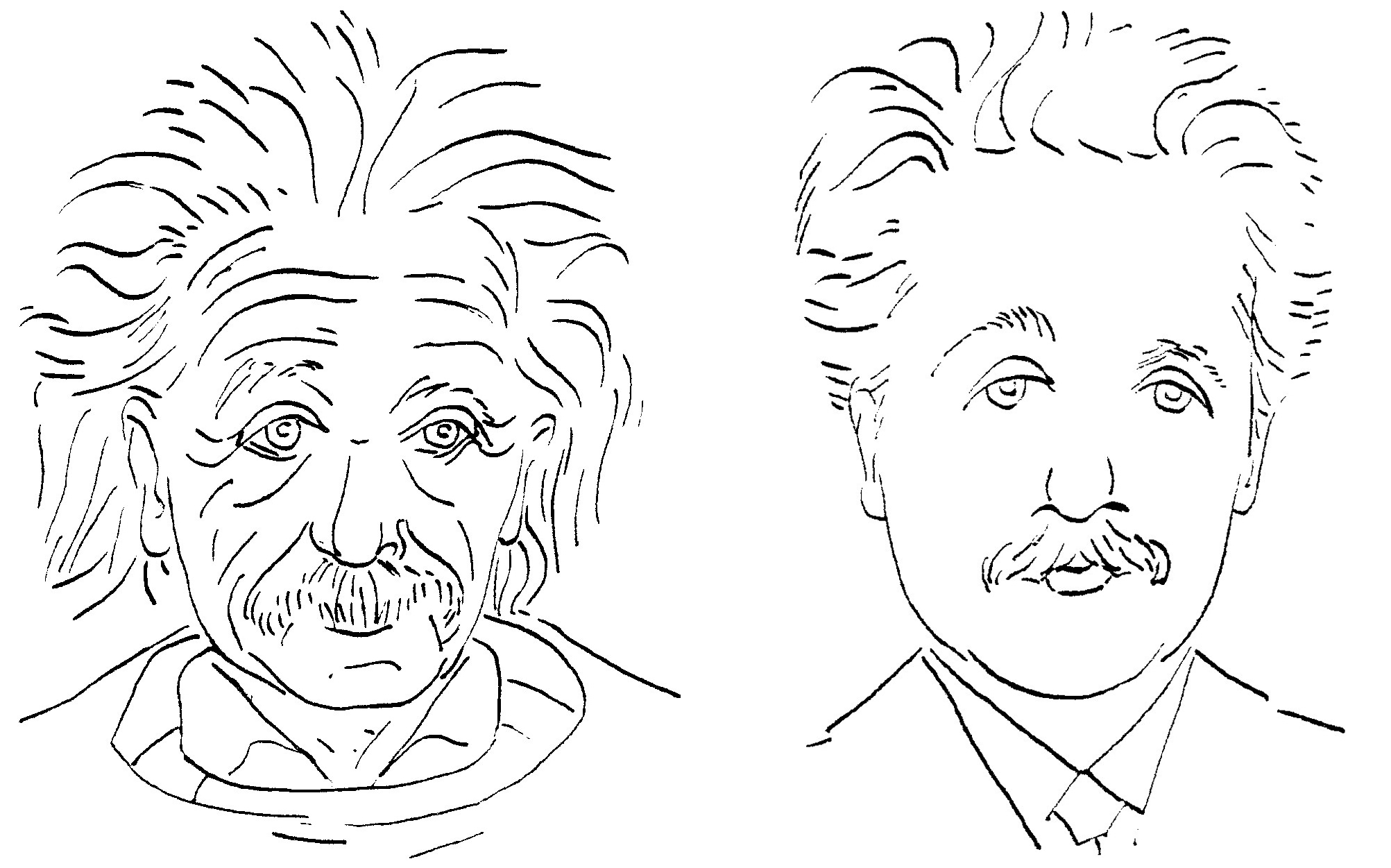 a drawing; left old Einstein, right young Einstein
