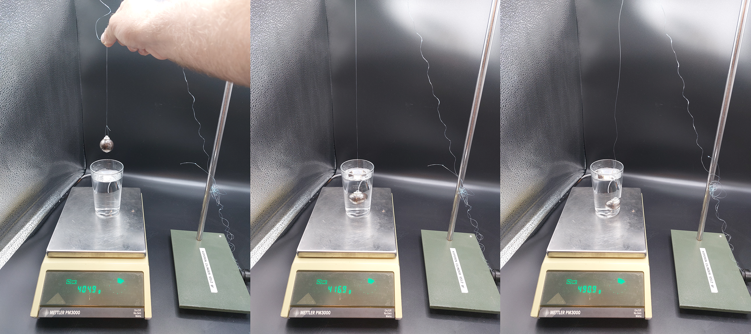 three pictures showing a scale and a massive ball above, submerged in the water but still attached to a wire, and at the bottom of the can of water
