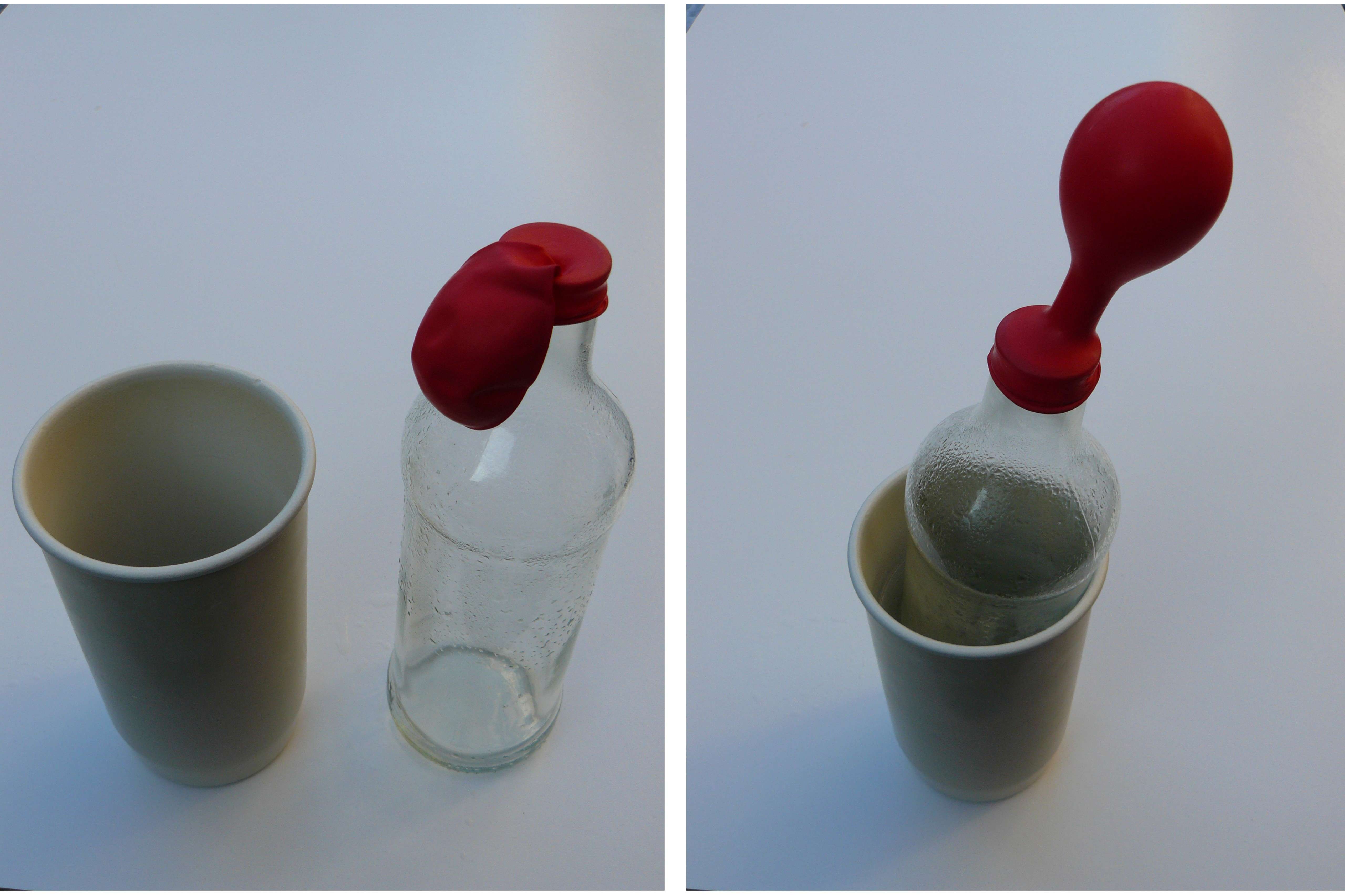 left beaker with hot water and bottle closed with. right bottle in the beaker, balloon is somewhat inflated.