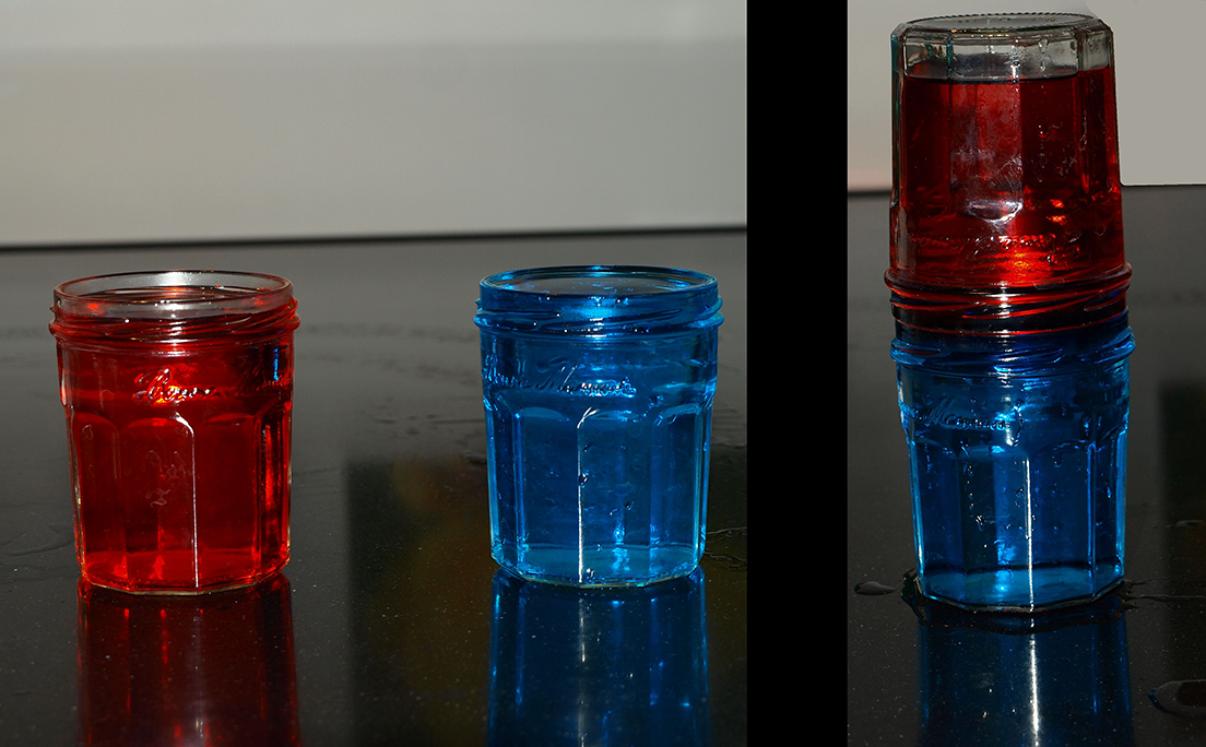 at left, jars with red and blue water; at right same jars stacked; colors not mixed