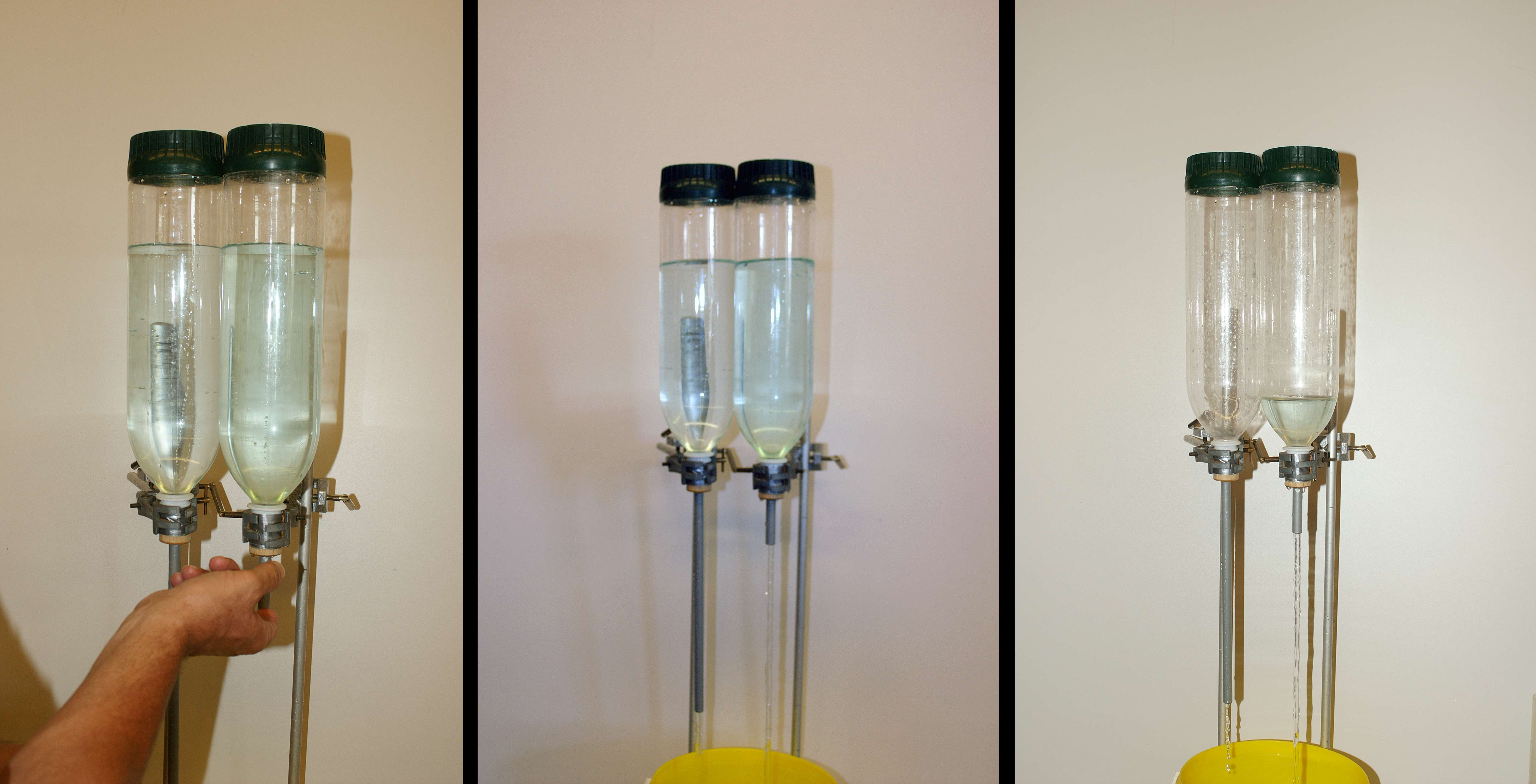 three side by side pictures of the water level in the two bottles at various stages