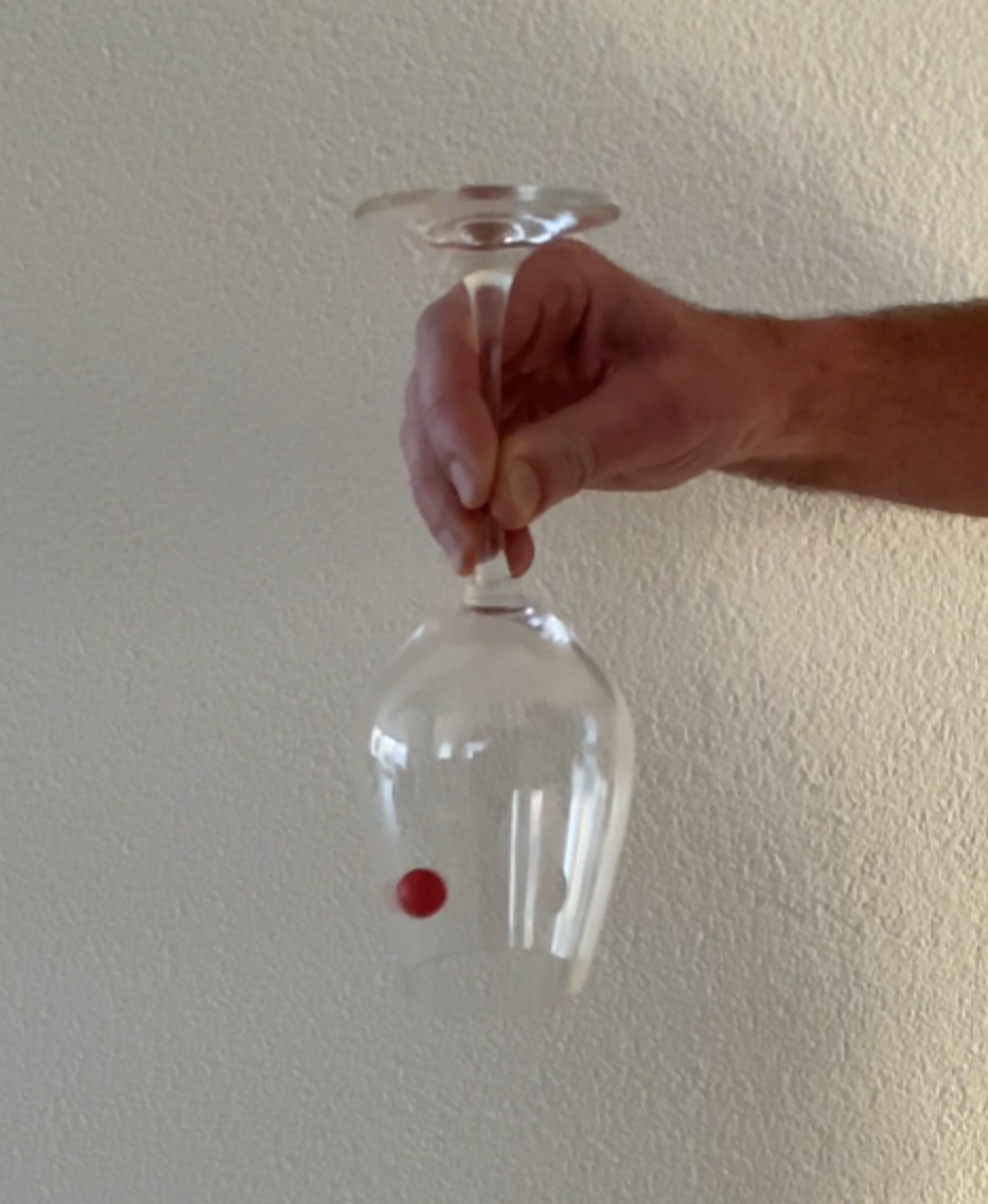 A wine glass, bottom up, with a ball inside.